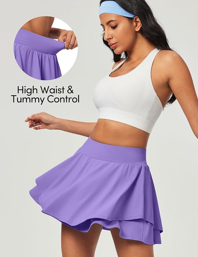 IUGA Tennis Skirt Pleated Skorts for Women with Pockets Skirts for Women | Double Ruffle Skort , Built-In Shorts, 2 Pockets, Tummy Control Breathable, Quick-dry, for Golf, Athletic, Running, Workout