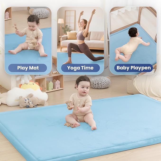 Baby Play Mat for Floor,1.3" Thick Memory Foam Tummy Time Mat,Soft Coral Velvet Nursery Rug,Large Non Slip for Crawling,Toddlers,Infants,Kids,Yoga & Tatami Style for Living Room(Light Blue)