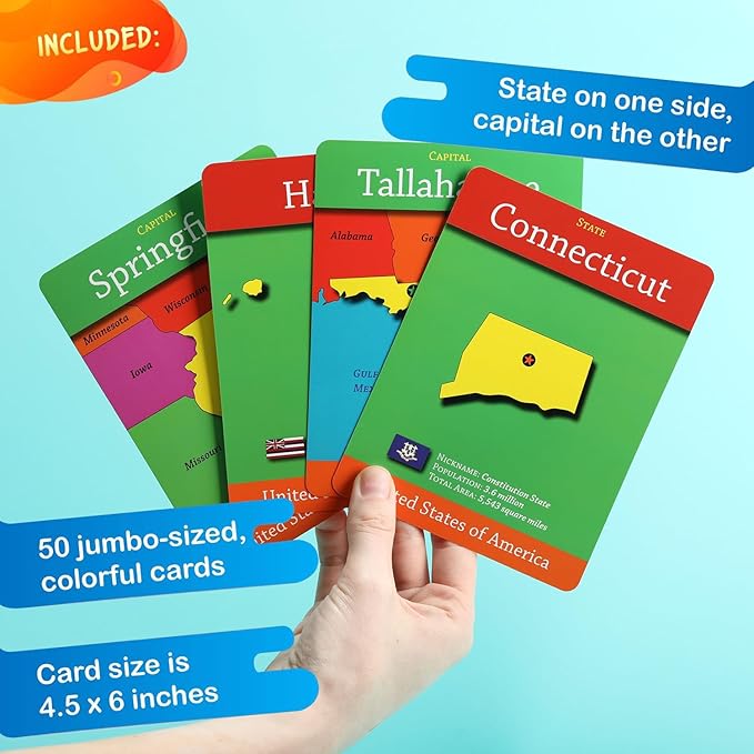 GeoToys GeoCards - USA Geography Flash Cards, Kid Card Games for Home, School & Travel, States & Capitals, Ages 4+
