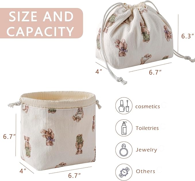 RSRSLEII Aesthetic Corduroy Drawstring Makeup Bag, Cute Coquette Drawstring Cosmetic Bag with Canvas Lining, Bear Pattern Travel Makeup Organizer Case for Women Girls (05 Great Bear)