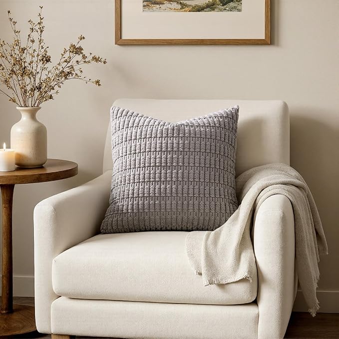 MIULEE Corduroy Decorative Throw Pillow Covers 20x20 Light Grey Pack of 2 | Soft Boho Striped Pillow Covers Modern Farmhouse Home Decor For Sofa Living Room Couch Bed