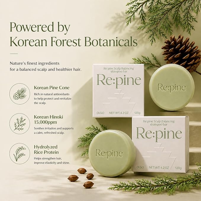 Re:pine Scalp Balancing Shampoo Bar - Balancing for Sensitive Scalp, Thinning hair | Korean Hinoki oil & Pine polyphenols, Rice Protein | Lightweight Volume, Sulfate-Free (4.2 oz)