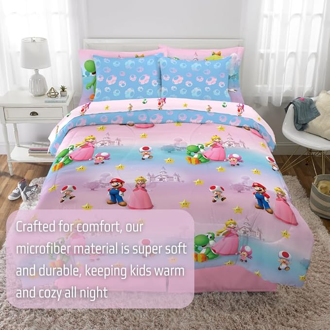 Super Mario Girl Princess Peach Girl Gamer Kids Bedding Super Soft & Cozy Reversible Microfiber Comforter and Sheet Set with Sham, 7 Piece Full Size, (Officially Licensed Product) By Franco
