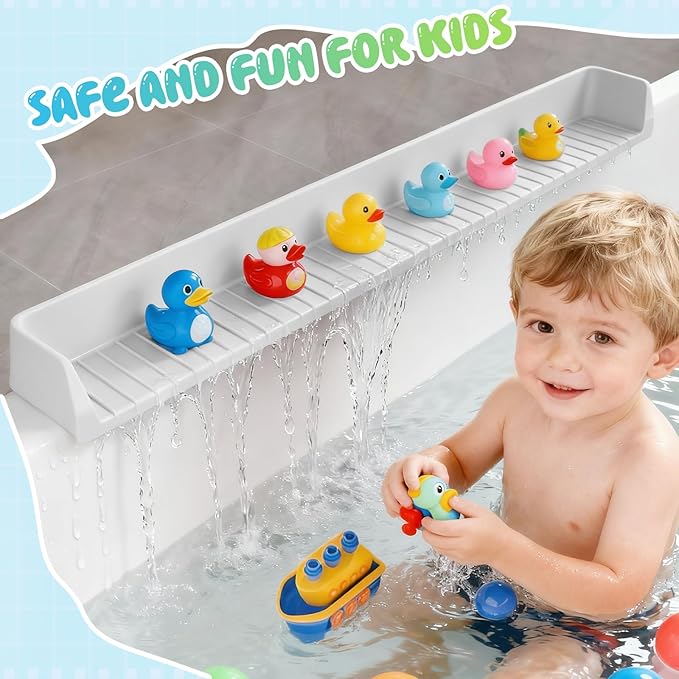 Dreamtop Bathtub Splash Guard for Tub Kids, 2.6FT Play Shelf for Bathing, Toy Tray Caddy Holder for Tub, Grey Silicone Tub Splash Guard Prevent Water Spills in Bathroom