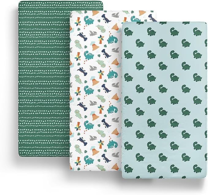 The Peanutshell 3-Pack Fitted Playard Sheets - Soft & Breathable Baby Boy Mini Crib Sheets, Pack N Play Mattress, Fits Standard Playard Pack Play Mattresses - Green Dino