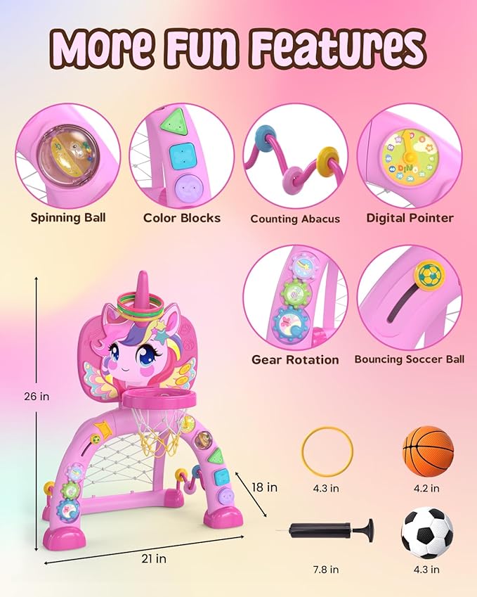 Toddler Basketball Hoop & Soccer Goal, Baby Toys for 1 2 3 Year Old Girls, Kids Sports Toys with Light Sound Music, Unicorn Musical Toys Gift, Christmas Birthday Gifts for Ages 12-18 Months