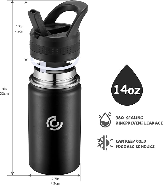 Kids Water Bottle,14oz Stainless Steel Insulated Water Tumbler Leak-Proof,School Water Mug,Small and Portable,Suitable for Boys and Girls to Use(Black)