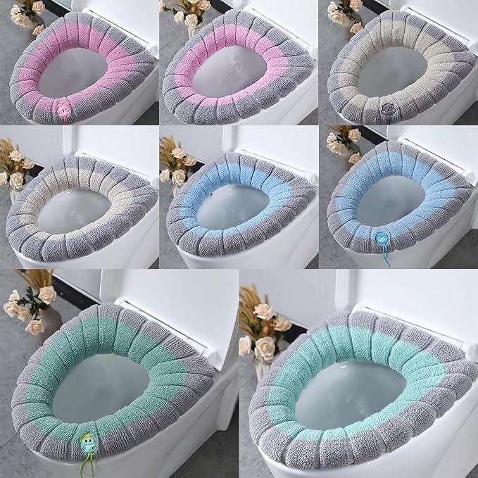 Soft Toilet Seat Cover for Fit, Thick Warm Stretchable Polyester Pad with Reusable Washable Bathroom Mat, Machine Washable Winter Warm Toilet Protector(Blue with gray A)