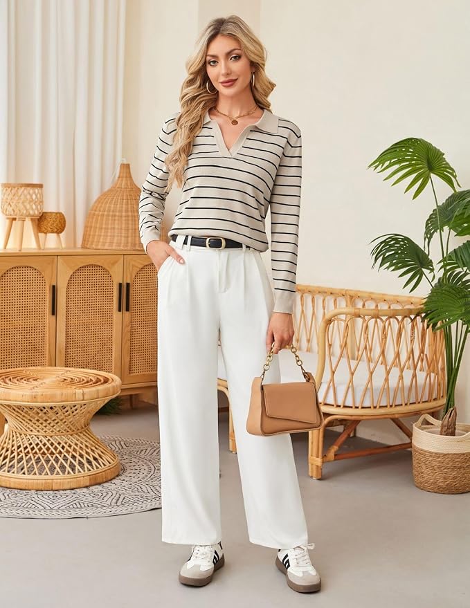 Women's Long Sleeve Classic V Neck Casual Fall Winter Polo Sweater Tops | Basic Collared Knitted Fashion Work Business Formal Daily Wear Versatile Pullover Shirts