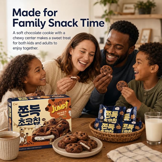 CW Korean Chocolate Chip Mochi Cookies with Chewy Center, 12 Count, 240 g | Soft baked dessert bite, coffee tea milk pairing, lunchbox treat, office pantry, care package, shareable snack box