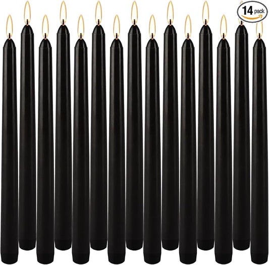 WPONSZU Set of 14 Black Taper Candles, 7-8 Hours Burn Time, Unscented, Smokeless and Dripless, 4/5 x 10 Inch Dinner Candle Set for Halloween,Household, Wedding, Party and Home Décor Candlesticks