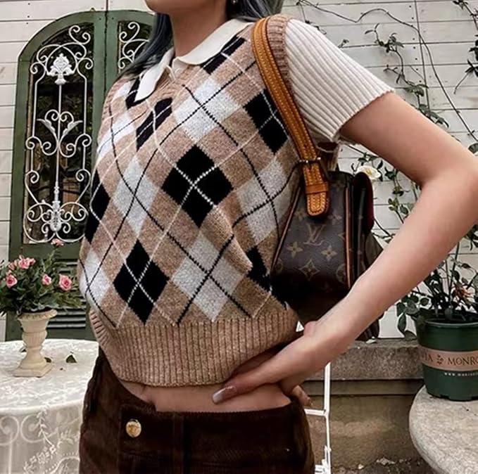 Women's Sweater Vest,Y2K Sleeveless Pattern Preppy Style Knitted Crop Tank Top for Girl