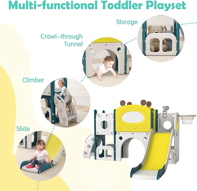 kinbor 9 in 1 Multifunctional Toddler Slide - Kids Slide with Basketball Hoop, Drawing Board & Storage, Playset for Kids Indoor Outdoor Playground Set for Toddlers Ages 1-3