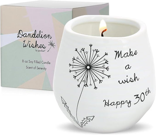 Pavilion Gift Company - 8 Oz Candle Holder - White Ceramic Candle Jar with 100% Soy Wax Candle Serenity Scent "Make a wish Happy 30th" Ideal Gift for Loved Ones - Printed Text, Love Theme & Oval Shape