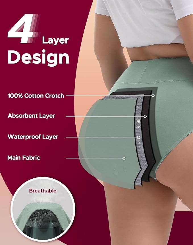 INNERSY Period Underwear for Women High Waisted Leak-Proof Postpartum Menstrual Panties 3-Pack