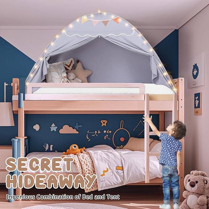 Sumbababy Toddler Bed Tent Canopy: Lights & Flags Indoor Floor Bed Kids Tent Playhouse - Portable & Foldable Twin Bunk Bed Curtains - Girls & Boys Bedroom Privacy Space Sleeping Tents Gifts (Gray)