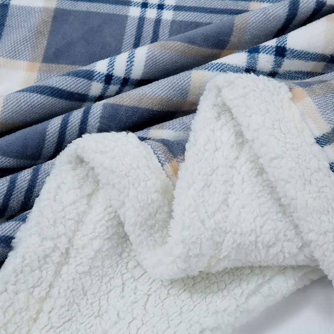 PU MEI Sherpa Blanket Queen Plaid Thick Bed Blanket, 80”*90” Super Soft Flannel Fuzzy Fleece Reversible Velvet Plush Warm Blanket for Couch (Blue White Check)