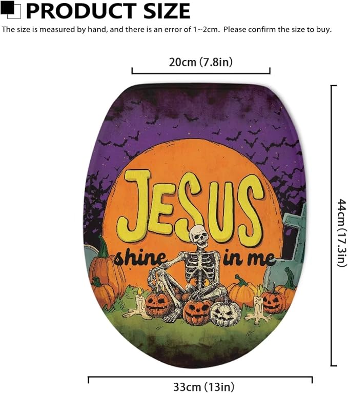 Jesus Pumpkin Skeleton Toilet Lid Cover Elongated for Halloween Decor Bathroom Decoration Accessories Machine Washable Dustproof Toilet Seat Cover for All Saints' Day
