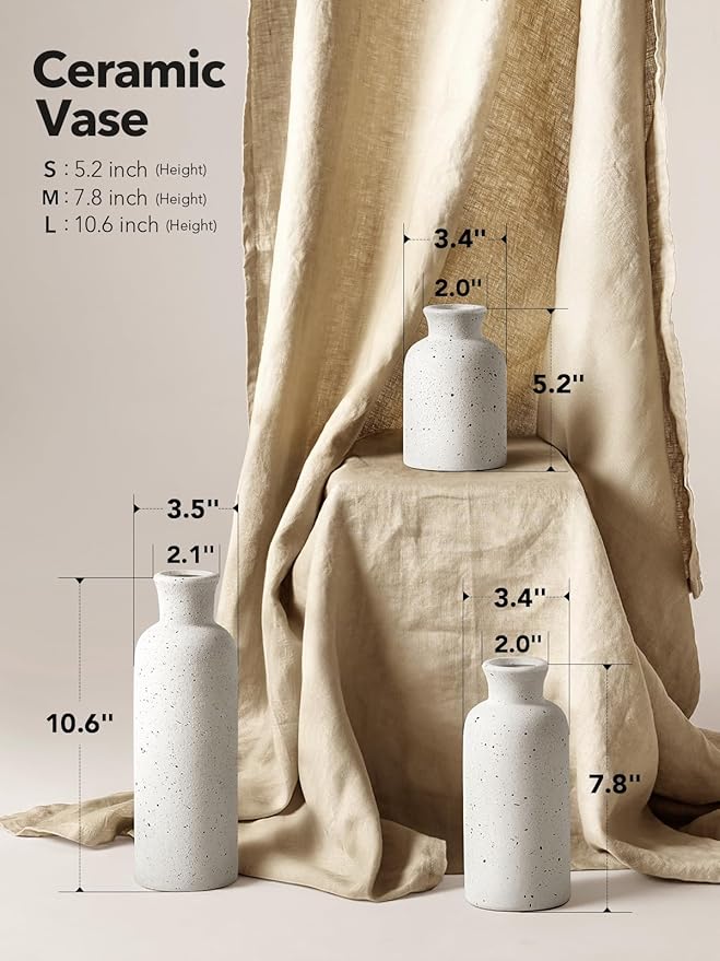 LE TAUCI Ceramic Vase Set of 3, Matte Flower Vases for Fresh or Dried Flowers, Modern Farmhouse Home Decor for Coffee Table, Mantel, Shelf, Entryway, Speckled White