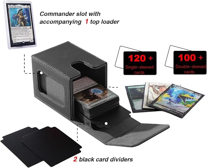 Venssu MTG Deck Box With Slot For Commander Display, Patented Design, Fits 100+ Double /120+ Single Sleeved Cards, With 2 Dividers And 1 Toploader,Compatible with board game TCG CCG (Black＆Grey)