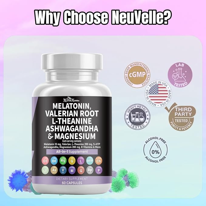 Melatonin Capsules with Valerian Root, Ashwagandha, L-Theanine, Magnesium, 5-HTP, GABA, Chamomile, Lemon Balm, Passion Flower, Griffonia Extract, Vitamin C & L-Glycine Supplement