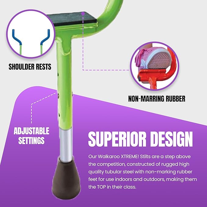 Geospace Adjustable Walkaroo Xtreme Steel Stilts for Kids - Vert Lifters Indoor/Outdoor Play, Exercise, Steel Stilts for Adults- Up to 250 lbs, Height Adjustable Walking Stilts, Kids Stilts - Green