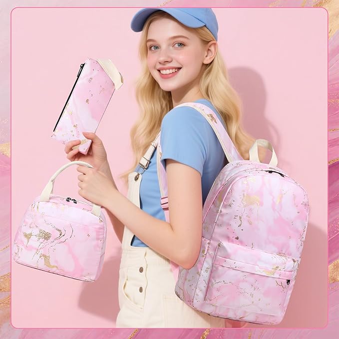 Bluboon Teen Girls School Backpack Kids Bookbag Set with Lunch Box Pencil Case Travel Laptop Backpack Casual Daypacks (Pink)