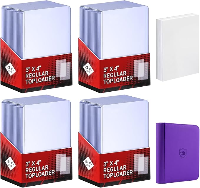 200 Card Sleeves Top Loaders for Cards Included 96 Pockets Top Loader Binder, 3" x 4" Baseball Card Protector Hard Plastic Card Holder for Sports Trading Cards (100 Toploaders + 100 Soft Sleeves)