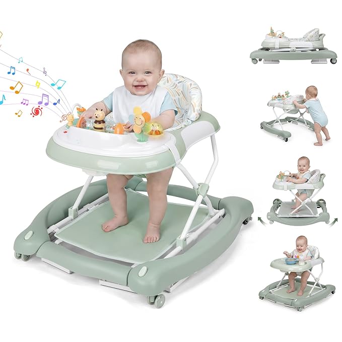 5 in 1 Baby Walker, Music and Lights Foldable Baby Walker with Wheels, 3 Adjustable Heights, with Bouncer Combo, Rocker, Activity Walker for Baby Boy and Girl 6-18 Months (Green)