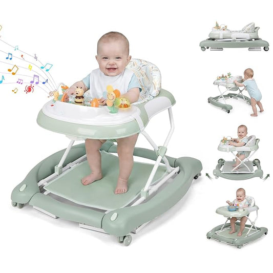 5 in 1 Baby Walker, Music and Lights Foldable Baby Walker with Wheels, 3 Adjustable Heights, with Bouncer Combo, Rocker, Activity Walker for Baby Boy and Girl 6-18 Months (Green)