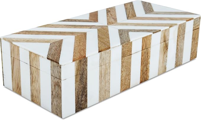 Handicrafts Home White Decorative Storage Box with Lid Wooden Coffee Table Storage Box Decorative Organizer for Living Room Decor – Resin Inlay Marquet Chevron Collection - 10x4.5x2.5