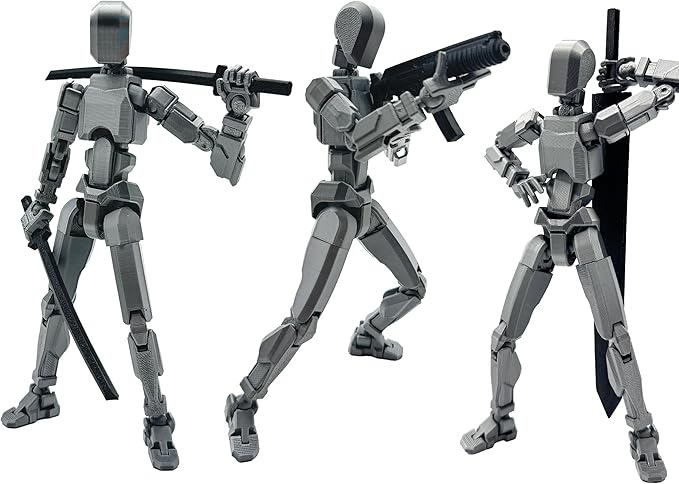 3D Printed Enlarge Body Size 8.1-inch Action Figure Dummy20, Full Body Mechanical Movable Toy, Multiple Accessories, Desk Decoration (Bracket, 3 HandsType, Weapons, Armour) (Brilliant Silver)