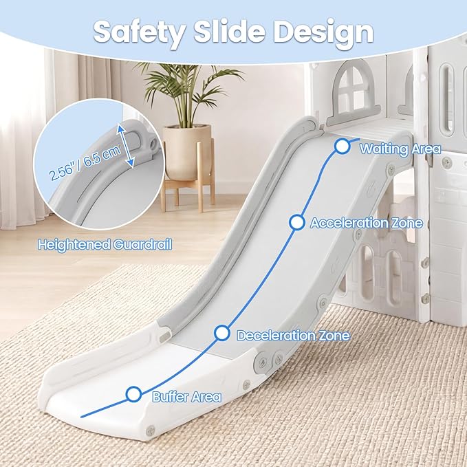 OLAKIDS Toddler Slide, Kids Indoor Outdoor Playground with Climber Basketball Hoop Telescope Tunnel Corridor Toy Storage Steering Wheel for Boys Girls Aged 1+ (Gray, 70'')