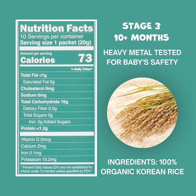 BARI Organic Baby Rice Porridge – Stage 3 – For Babies 10+ Months | USDA Organic, Heavy Metal Tested, Korean Rice Cereal, No Added Sugar, Gluten-Free | 7.3 oz (10 Packets)