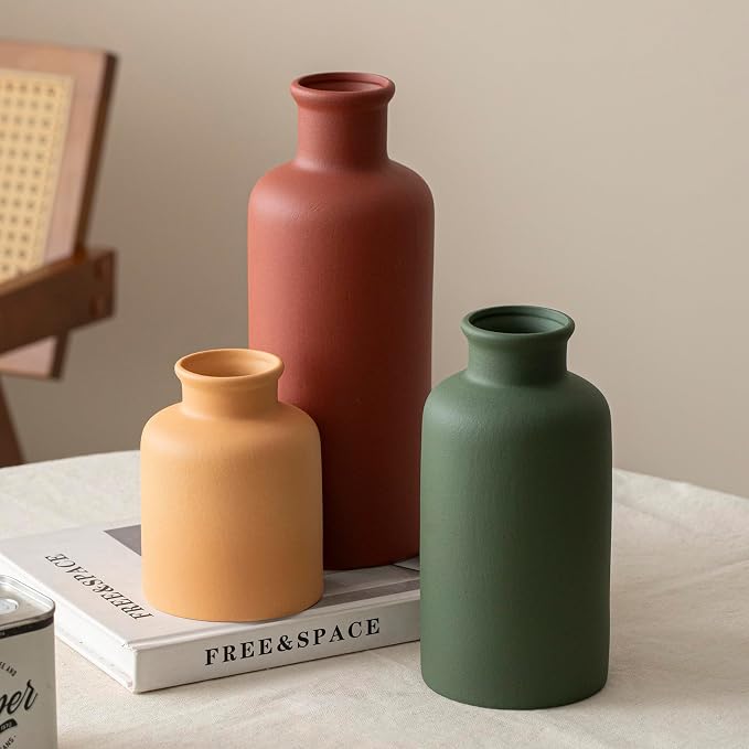 Large Modern Ceramic Vase Set of 3, Neutral Colors, Decorative Bottles for Home, Farmhouse Rustic Decor (XL Green Mix)
