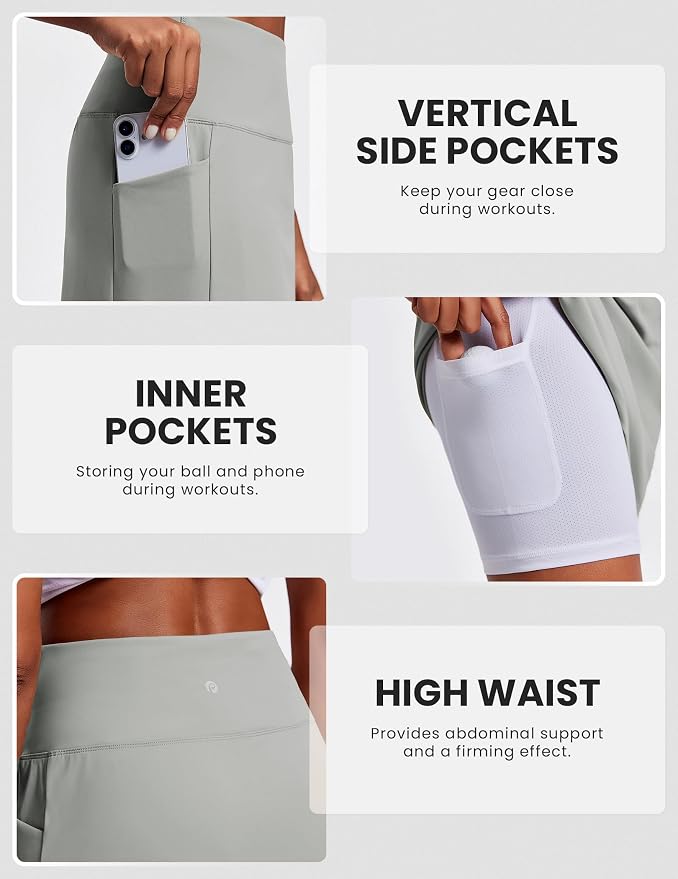 PINSPARK 19" Knee Length Skorts for Woman with Pockets UPF 50+ Golf Skirts | 4 Pockets, Built-in Shorts, High Waisted & Tummy Control, Moisture-wicking for Golf Athletic Tennis Workout Casual