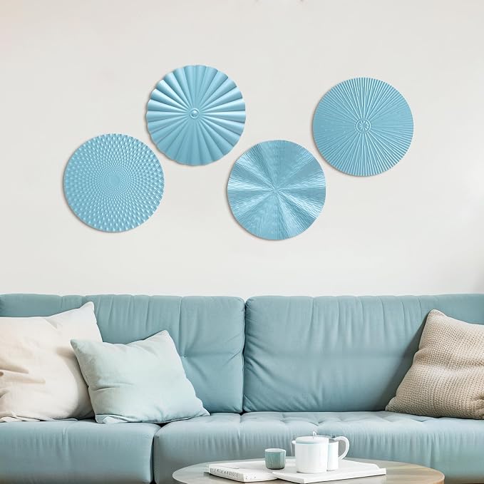 Hicarer 4 Pcs 12 Inch Blue Metal Wall Art Decor Modern Sunburst Hanging Artwork Decor Wall Decorations for Home Bedroom Bathroom Living Room Office Sculpture