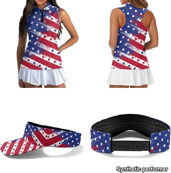 POLERO Golf Tank Top Women Golf Shirts and Visor Hat Collared Racerback Tennis Shirt Set Quarter Zip