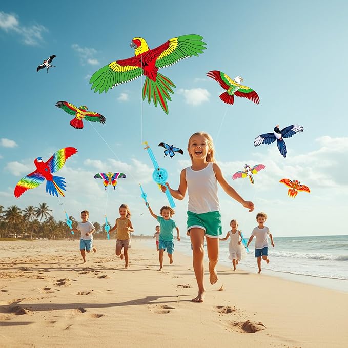 VioraWhite 10 Pcs Fishing Rod Kite for Kids, Vivid Butterfly Swallow Parrot, Easy to Fly, Swallows, Bald Eagles, Magpies Kites for Family Adults Spring Outdoor Beach