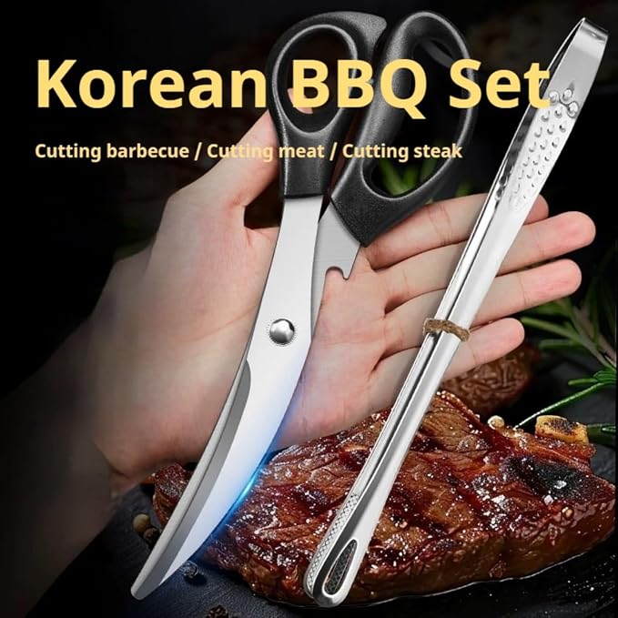 304 Stainless Steel Korean BBQ Scissors and Tongs Set,korean curve shape shears for kitchen use 9.45 inch Scissors(Black+Red) +(9.45+11) inch Tongs 4 in 1 Utensil set for Cooking