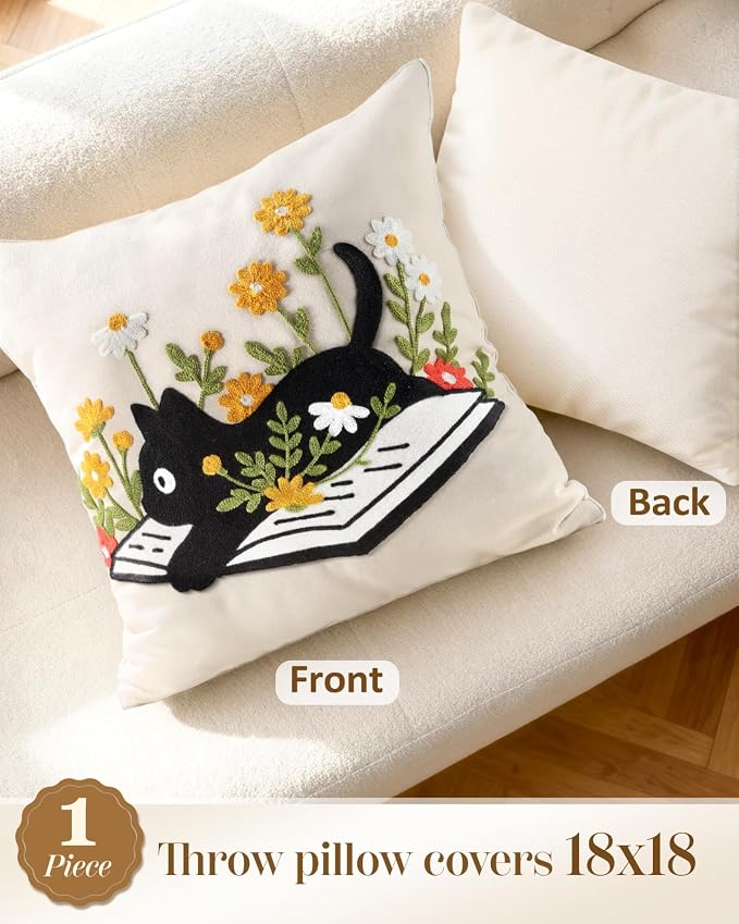 Animal Embroidered Throw Pillow Cover 18x18 Inch, Cat Floral | Decorative Pillow Cover, Farmhouse Cushion Cases with Hidden Zipper, Cottagecore Decor for Couch, Sofa, Living Room
