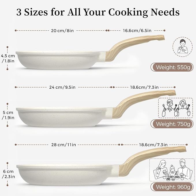YASHE 3Pcs Granite Nonstick Frying Pan Set, Induction Ready, 8/9.5/11-Inch | Non-Toxic Omelette Pans Cookware with Stay-Cool Handle PFOA/PFOS Free Skillet Pans Set Compatible with All Stovetops