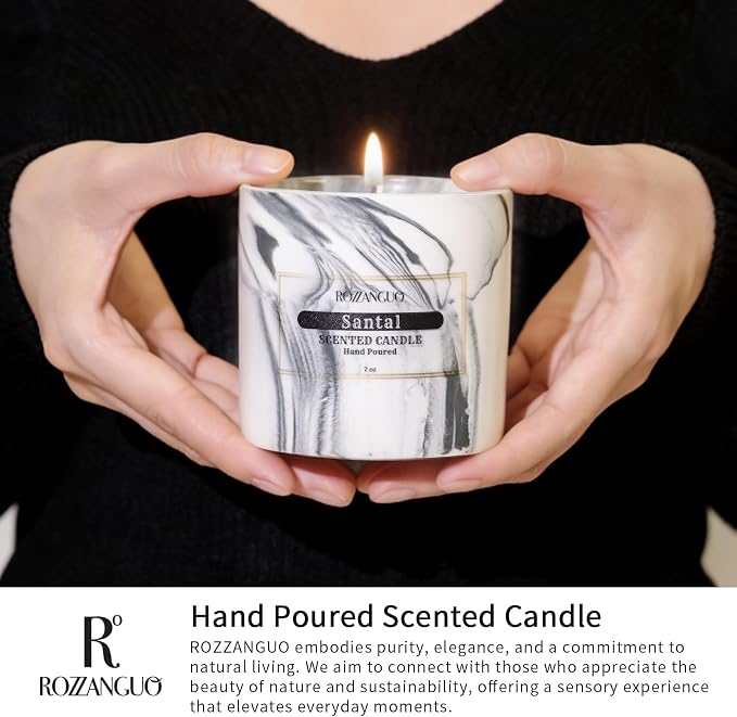 Luxury Marble Jar Scented Candle | Women Men | Non Toxic 100% Natural Coconut & Soy Wax Blend Cotton Wick | Hand Poured Highly Scented Long Lasting (Santal, 7 Ounces)