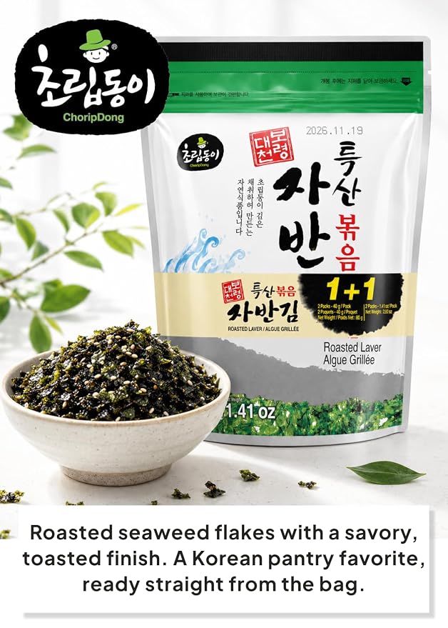 Korean Food Roasted Seaweed Snack Flakes, Sesame & Perilla Oil, 40g x 2 | Crispy roasted seaweed flakes seasoned with sesame and perilla oil, perfect as a rice topping or savory garnish.