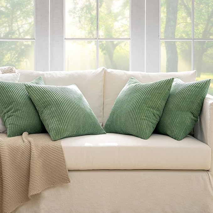 MIULEE Soft Corduroy Decorative Throw Pillow Covers Sage Green 18x18 | Set of 4, Mordern Nordic Home Decor, All Same Color Set, Boho Farmhouse Cushion Covers for Couch Bed Sofa Living Room
