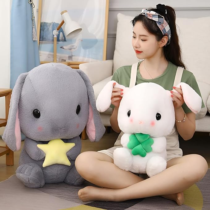 HOUPU Soft Toy - Sitting Lop Eared Rabbit, Easter White Rabbit Stuffed Bunny Animal with Carrot Soft Lovely Realistic Long-Eared Standing Pink Plush Toys (Gray-Star,8.6in/22cm)