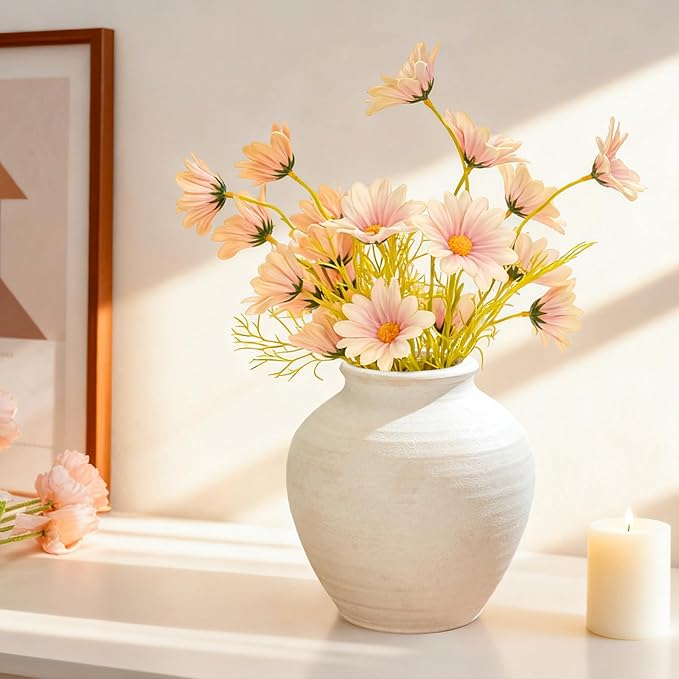 Ceramic Flower Vase Home Decor, 6.2 inch Farmhouse Rustic Vintage Decorative Vases, Pottery Terracotta Boho Flowers Vases for Dining Table, Living Room, Shelf, Kitchen, Bedroom (6.2"-White)