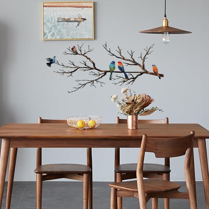 ESTART Metal Birds Wall Art, Metal Vivid Birds on Branch Silhouette Wall Decor Black Leaves with Bird Outdoor Hanging Wall Sculpture for Home Balcony Garden (Classic Color, Small)