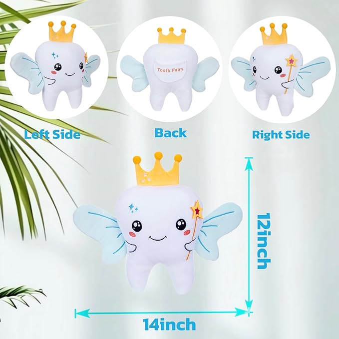 Tooth Fairy Plush Holder Gift – 12 Inch Tooth Pillow Crown Blue Wings Star Wand Kids' Tooth Fairy Gift for Boys Girls with Pocket