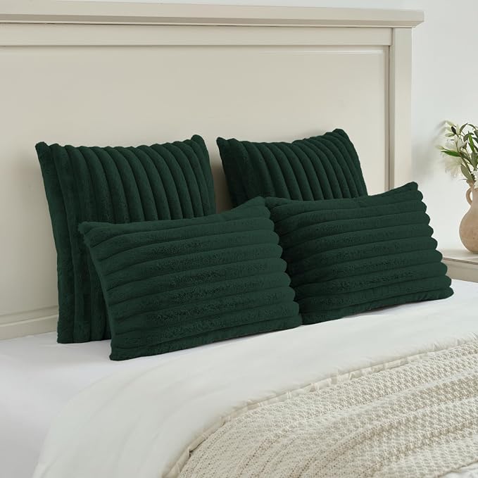 FUTEI Pack of 2 Faux Fur Throw Pillow Covers 18x18 Inch, Dark Green | Fluffy Faux Rabbit Fur Front/Premium Velvet Back,Hidden Zipper,Machine Washable,Non-Shedding,Colorfast,Insert Not Included.